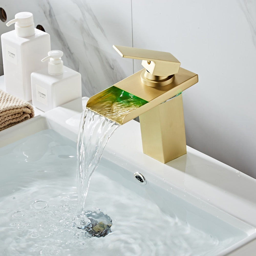 LED Waterfall Single-Hole Bathroom Faucet, Modern Single-Handle Brass Faucet, Chrome / Matte Black / Rose Gold / Polished Gold / Brushed Nickel / Brushed Gold / Matte White
