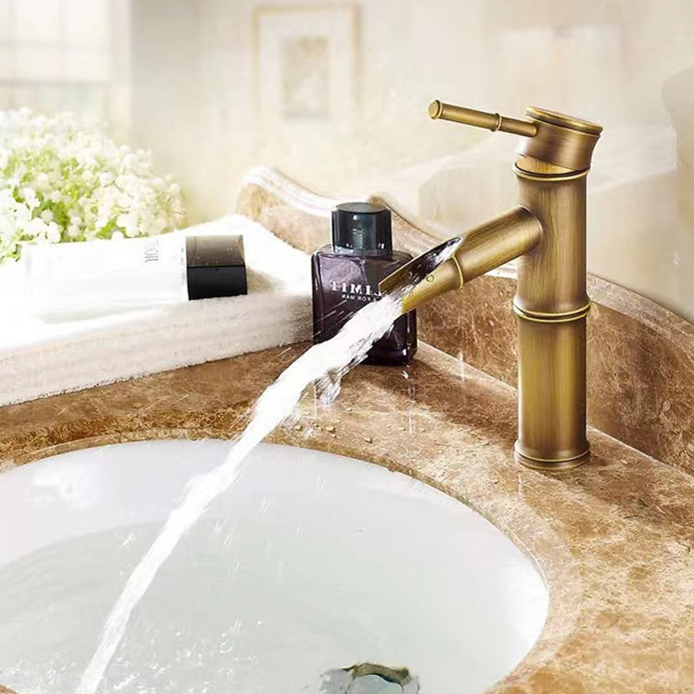 Bamboo Shape Waterfall Bathroom Faucet, Single-Handle Vessel Sink Faucet, Antique Brass / Matte Black / Brushed Nickel