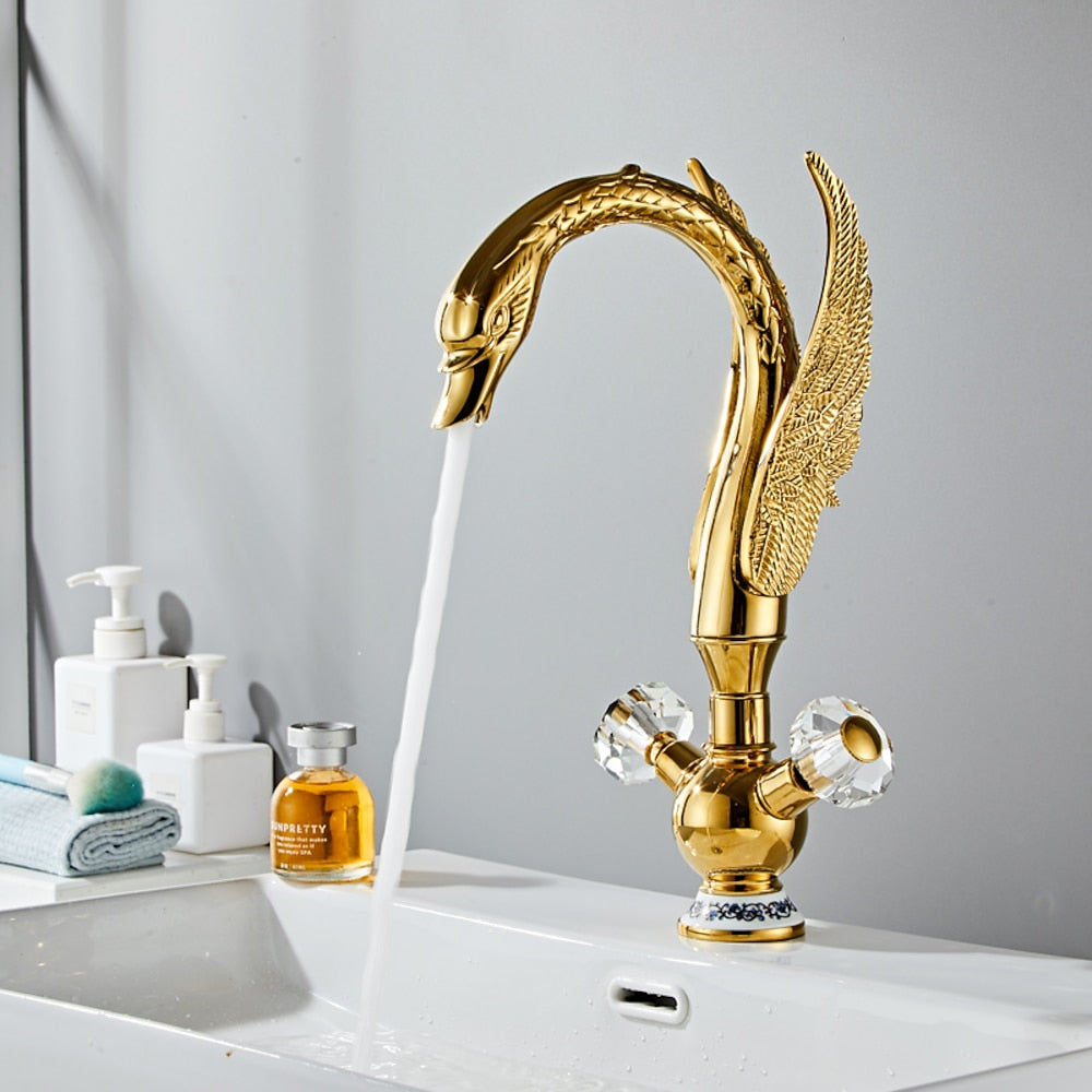 Swan-Shaped Waterfall Bathroom Faucet, Single-Hole Dual-Handle Deck Mount Faucet with Crystal Knobs, Chrome / Polished Gold