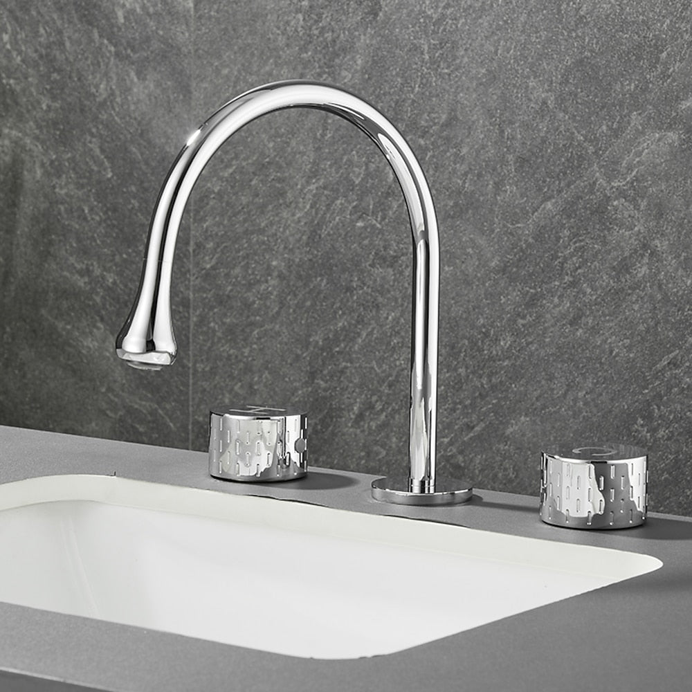 360-Degree Swivel Modern Bathroom Sink Faucet, 3-Hole Widespread Brass Faucet, Gunmetal / Matte Black / Brushed Gold / Chrome