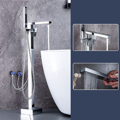 360-Degree Swivel Spout Freestanding Tub Filler Faucet, Single-Handle Floor-Mount Tub Faucet with Hand Shower, Chrome / Matte Black