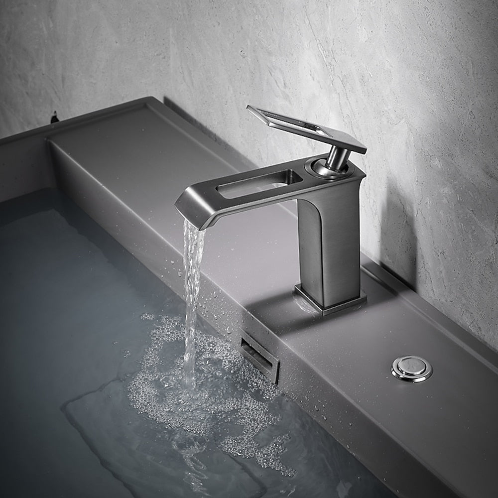 Modern Waterfall Bathroom Faucet, Single-Handle Brass Faucet, Brushed Gold / Chrome / Gunmetal / Matte Black / Matte White