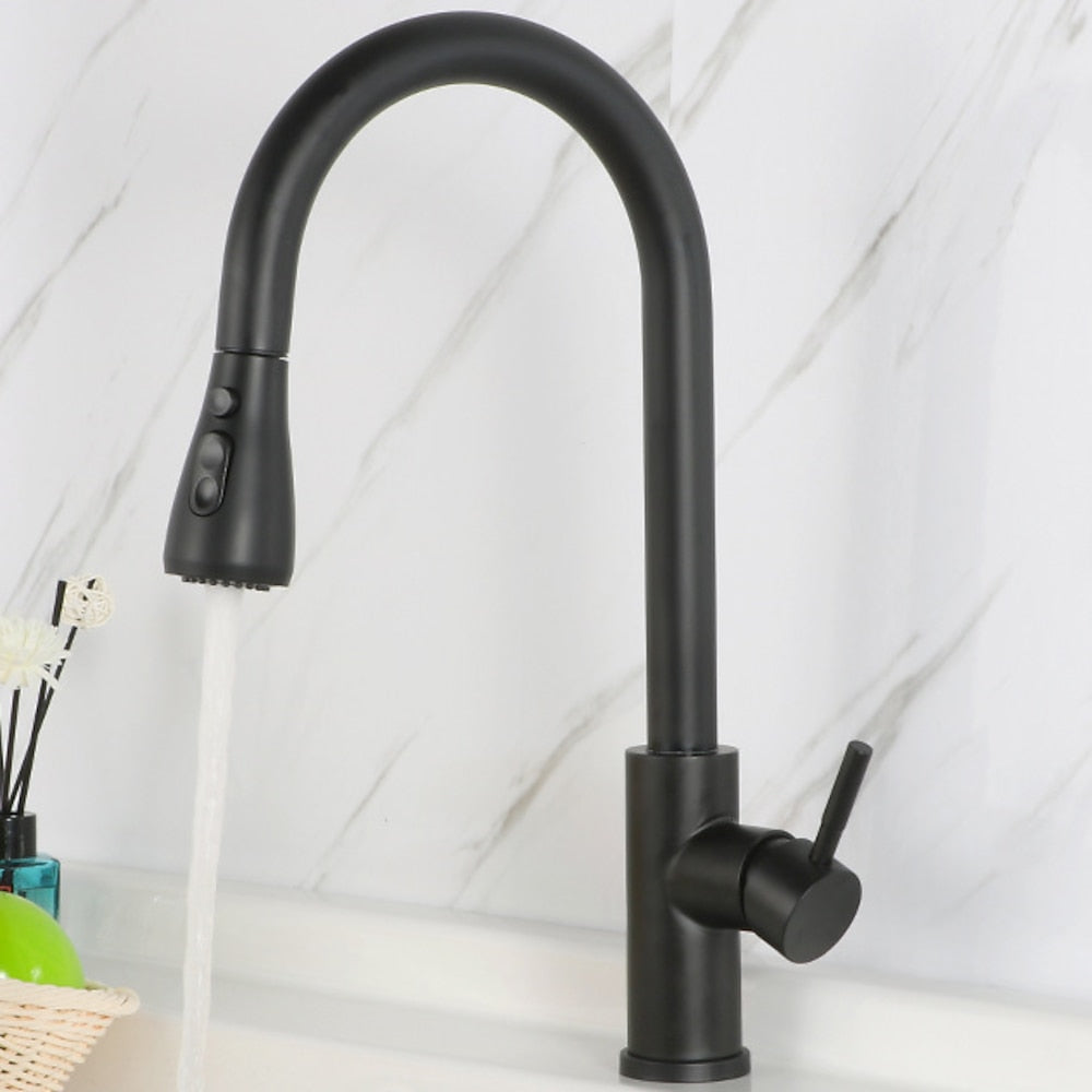 Pull-Down Stainless Steel Kitchen Faucet, Single-Handle 360-Degree Swivel Faucet, Brushed Nickel / Matte Black