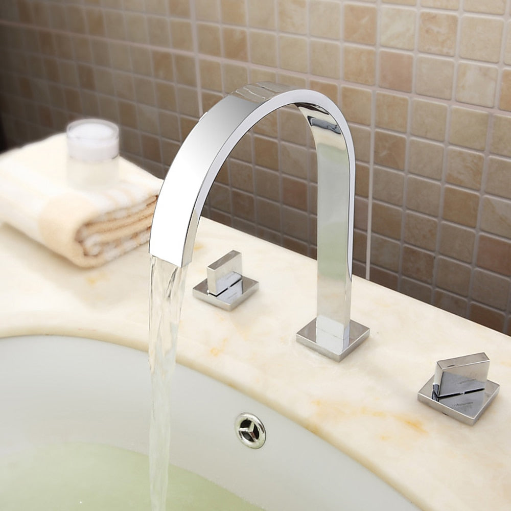 Chrome Waterfall Widespread Bathroom Faucet, Contemporary 3-Hole Double-Handle Faucet with High Arc Swivel Spout