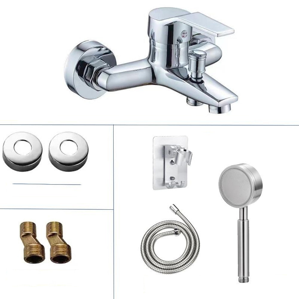 Modern Chrome Wall-Mount Tub Faucet, Single-Handle Brass Tub Filler with Handheld Shower