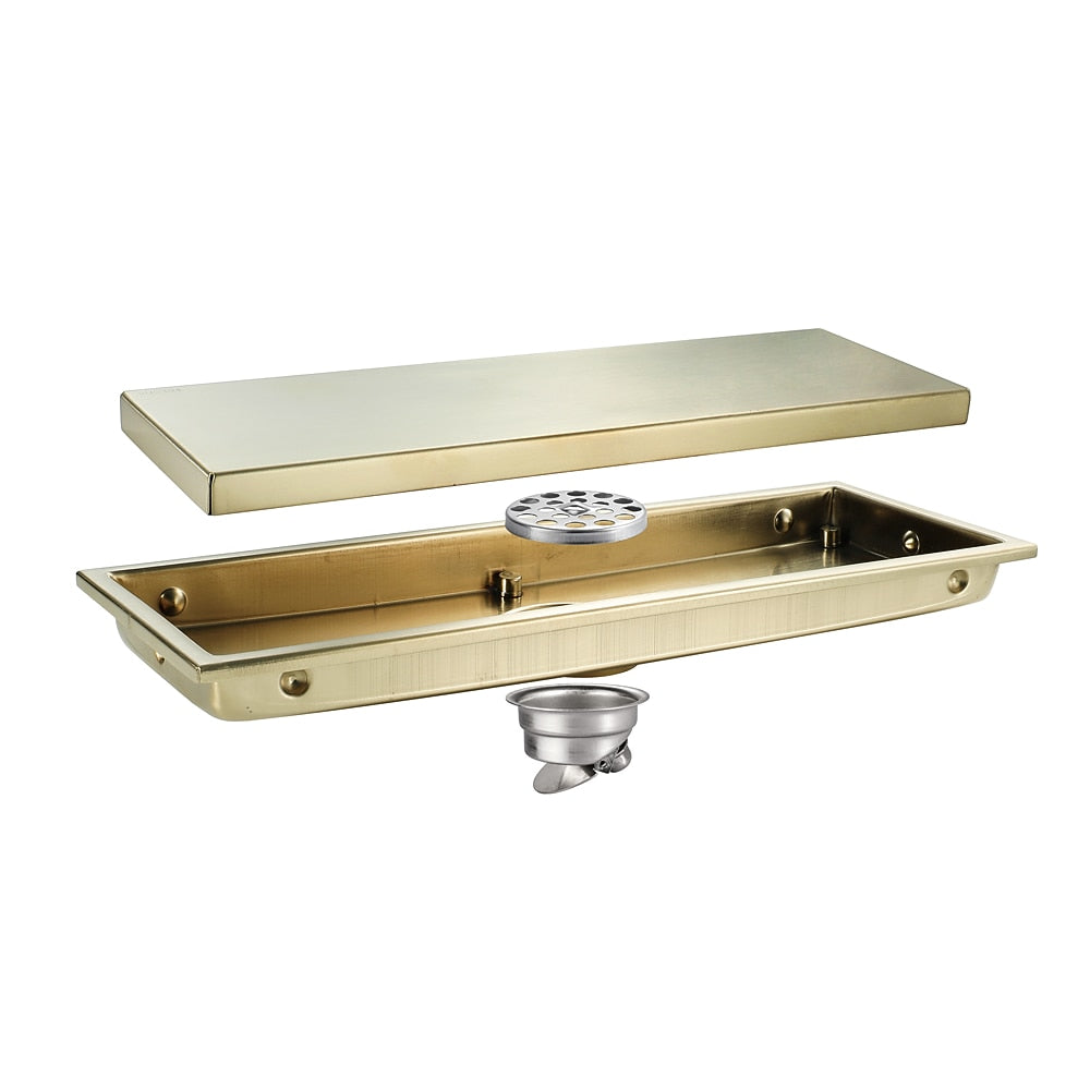 Brushed Gold Stainless Steel Floor Drain, Linear Tile Insert Drain with Hair Strainer