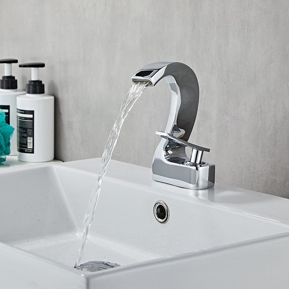 Waterfall Single-Hole Bathroom Faucet, Single-Handle Brass Faucet