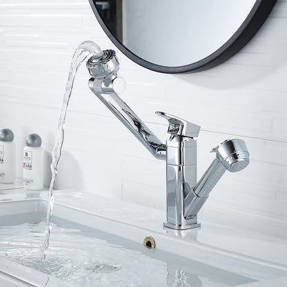 Chrome Single-Hole Bathroom Sink Faucet, Pull-Out Swivel Spout Faucet
