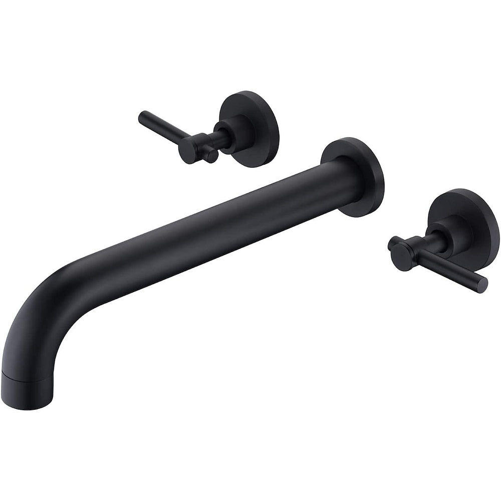 Modern Minimalist Wall-Mount Dual-Handle Bathroom Faucet, Long Spout Brass Sink Faucet, Matte Black / Chrome