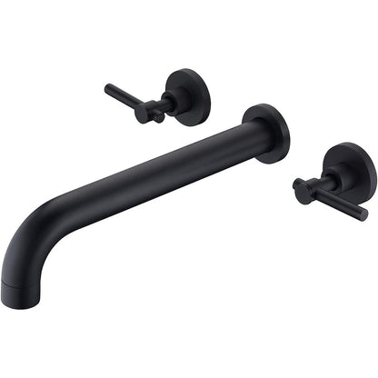 Modern Minimalist Wall-Mount Dual-Handle Bathroom Faucet, Long Spout Brass Sink Faucet, Matte Black / Chrome