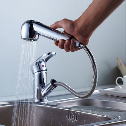 Chrome Pull-Out Kitchen Faucet, Single-Handle Single-Hole Brass Faucet