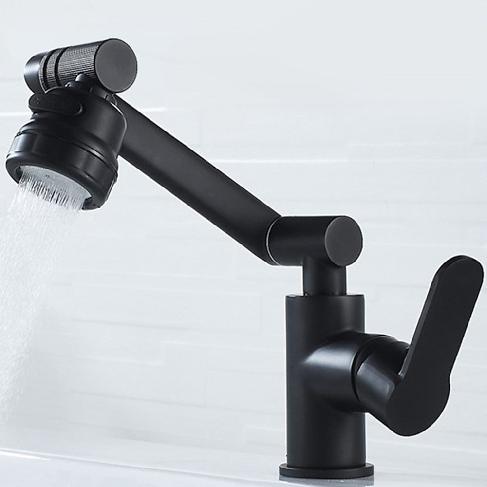 Height-Adjustable Modern Bathroom Sink Faucet, Single-Hole Swivel Spout Faucet, Matte Black / Chrome