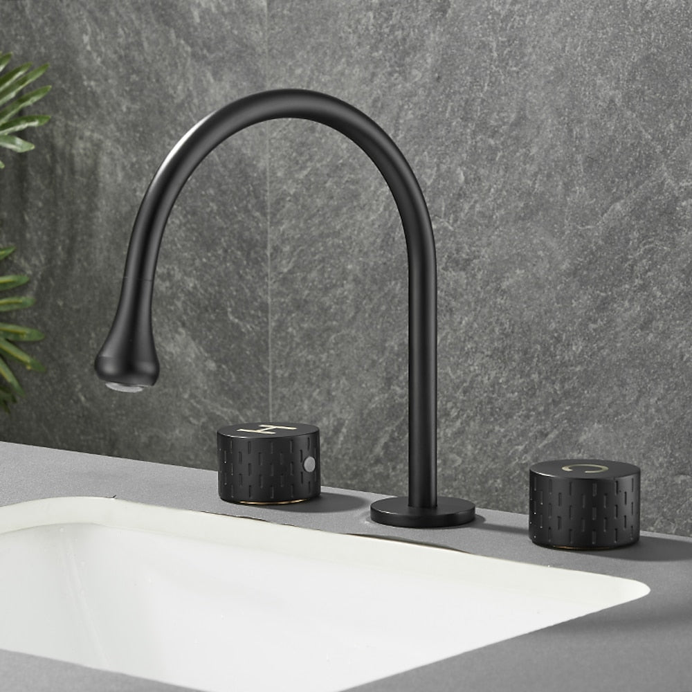 360-Degree Swivel Modern Bathroom Sink Faucet, 3-Hole Widespread Brass Faucet, Gunmetal / Matte Black / Brushed Gold / Chrome