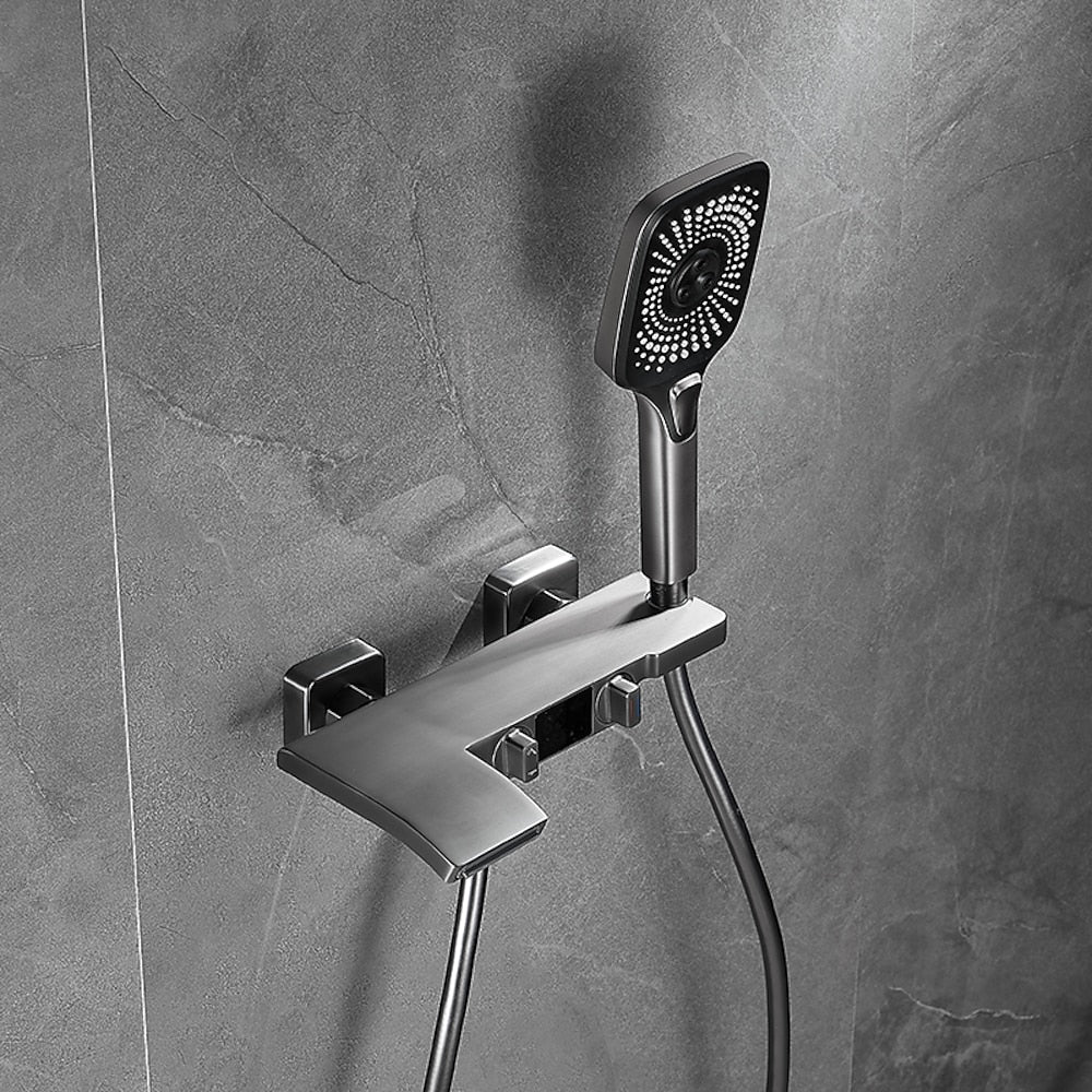 Wall-Mount Waterfall Tub Faucet, Dual-Handle Bath Mixer Tap with Handheld Shower