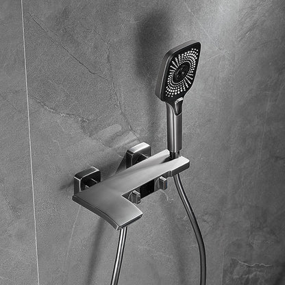 Wall-Mount Waterfall Tub Faucet, Dual-Handle Bath Mixer Tap with Handheld Shower