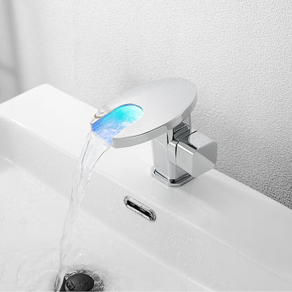 LED Waterfall Bathroom Faucet, Single-Handle Deck-Mount Faucet, Matte Black / Chrome / Polished Gold / Matte White
