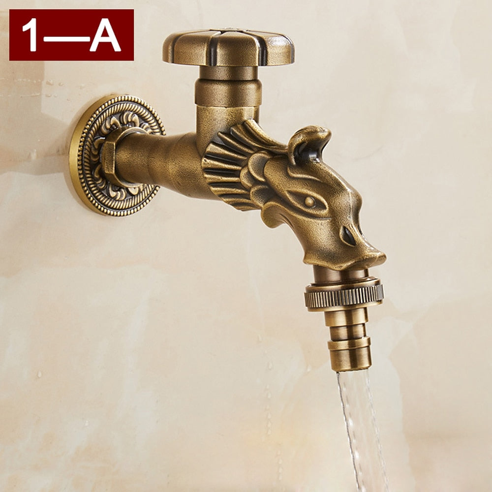 Vintage Dragon Wall-Mount Garden Faucet, Single Wheel Handle Outdoor Faucet, Antique Brass / Matte Black / Brushed Gold