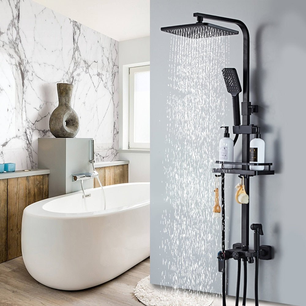 Matte Black Modern Wall-Mounted Shower System, Exposed Rainfall / Handheld Shower System with Bidet Sprayer / Storage Shelf