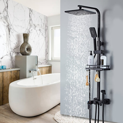 Matte Black Modern Wall-Mounted Shower System, Exposed Rainfall / Handheld Shower System with Bidet Sprayer / Storage Shelf