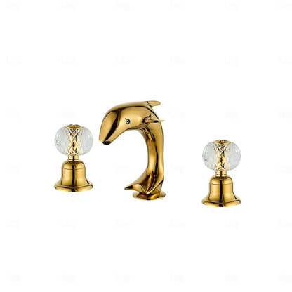 Polished Gold Modern Dolphin Bathroom Faucet, 3-Hole Widespread Sink Faucet with Crystal Knob Handles