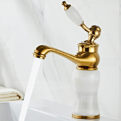 Jade Insert Bathroom Faucet, Modern Single-Hole Single-Handle Brass Faucet, Gold / White / Black