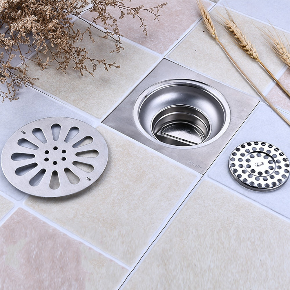 Modern Square Stainless Steel Floor Drain, Removable Cover Shower Drain with Hair Strainer