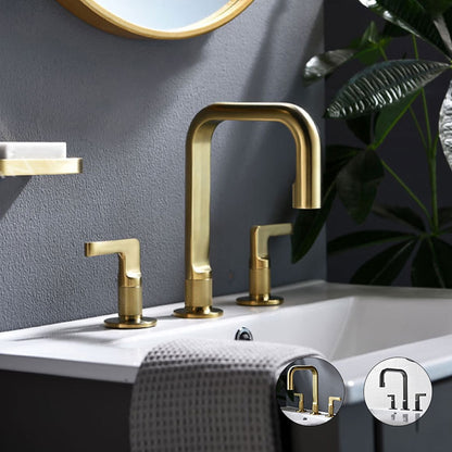 Widespread Two-Handle Bathroom Faucet, Modern High Arc Brass Basin Faucet with Water Supply Hoses, Brushed Gold / Gunmetal