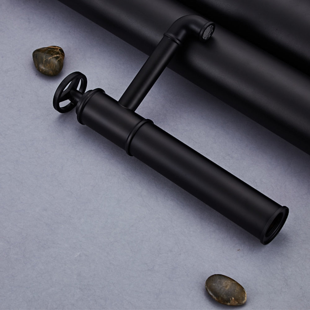 Matte Black Industrial Single-Hole Vessel Sink Faucet, Single Wheel Handle Brass Bathroom Faucet