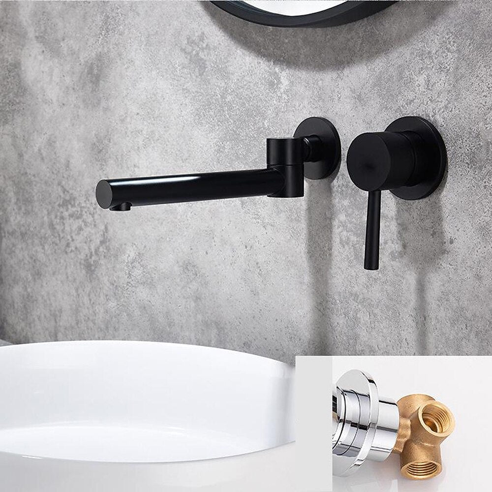 Modern Wall-Mount Single-Handle Bathroom Faucet, Swivel Spout Brass Basin Faucet, Chrome / Matte Black