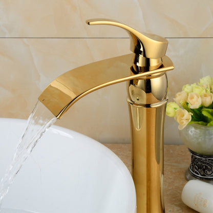 Polished Gold Waterfall Vessel Sink Faucet, Single-Handle Brass Bathroom Faucet