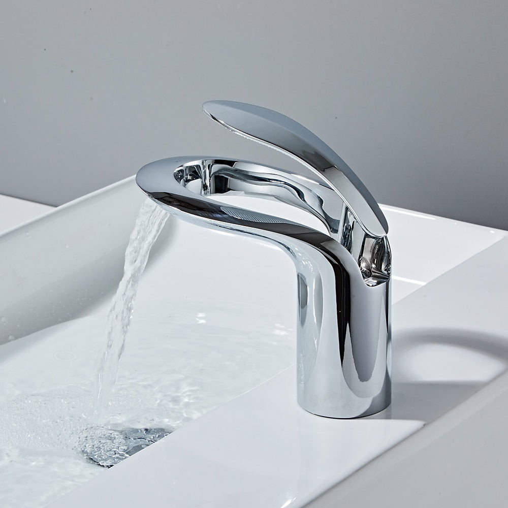 Modern Waterfall Bathroom Faucet, Single-Handle Brass Faucet