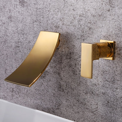 Brushed Gold Modern Wall-Mount Bathroom Faucet, 2-Hole Single-Handle Waterfall Spout Faucet