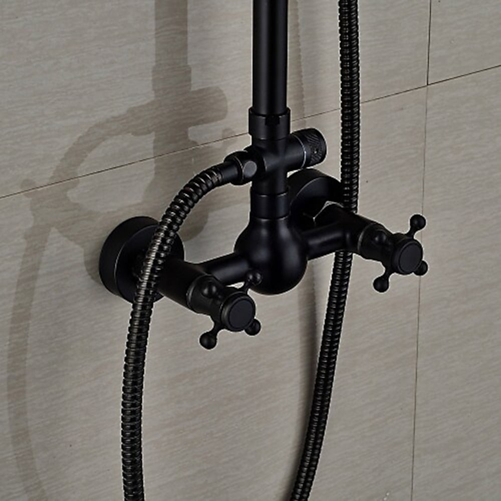 Oil-Rubbed Bronze Antique Rainfall Shower System, Wall-Mounted Brass Dual-Handle Shower Faucet with Handheld Shower