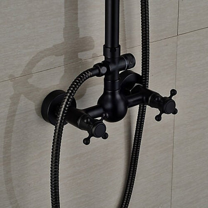 Oil-Rubbed Bronze Antique Rainfall Shower System, Wall-Mounted Brass Dual-Handle Shower Faucet with Handheld Shower
