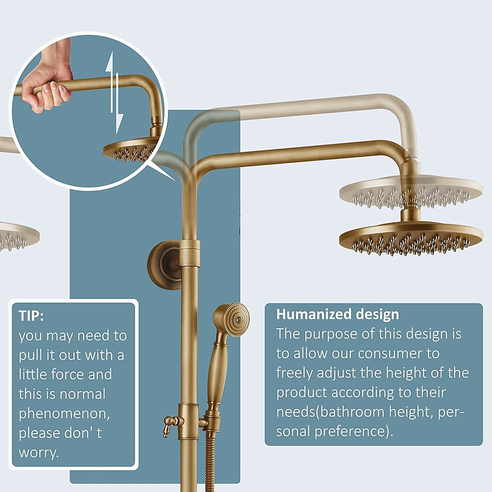 Antique Brass Vintage Exposed Shower Faucet, Wall-Mount Complete Shower System with Handheld Shower / 8-Inch Rain Shower Head