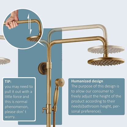 Antique Brass Vintage Exposed Shower Faucet, Wall-Mount Complete Shower System with Handheld Shower / 8-Inch Rain Shower Head