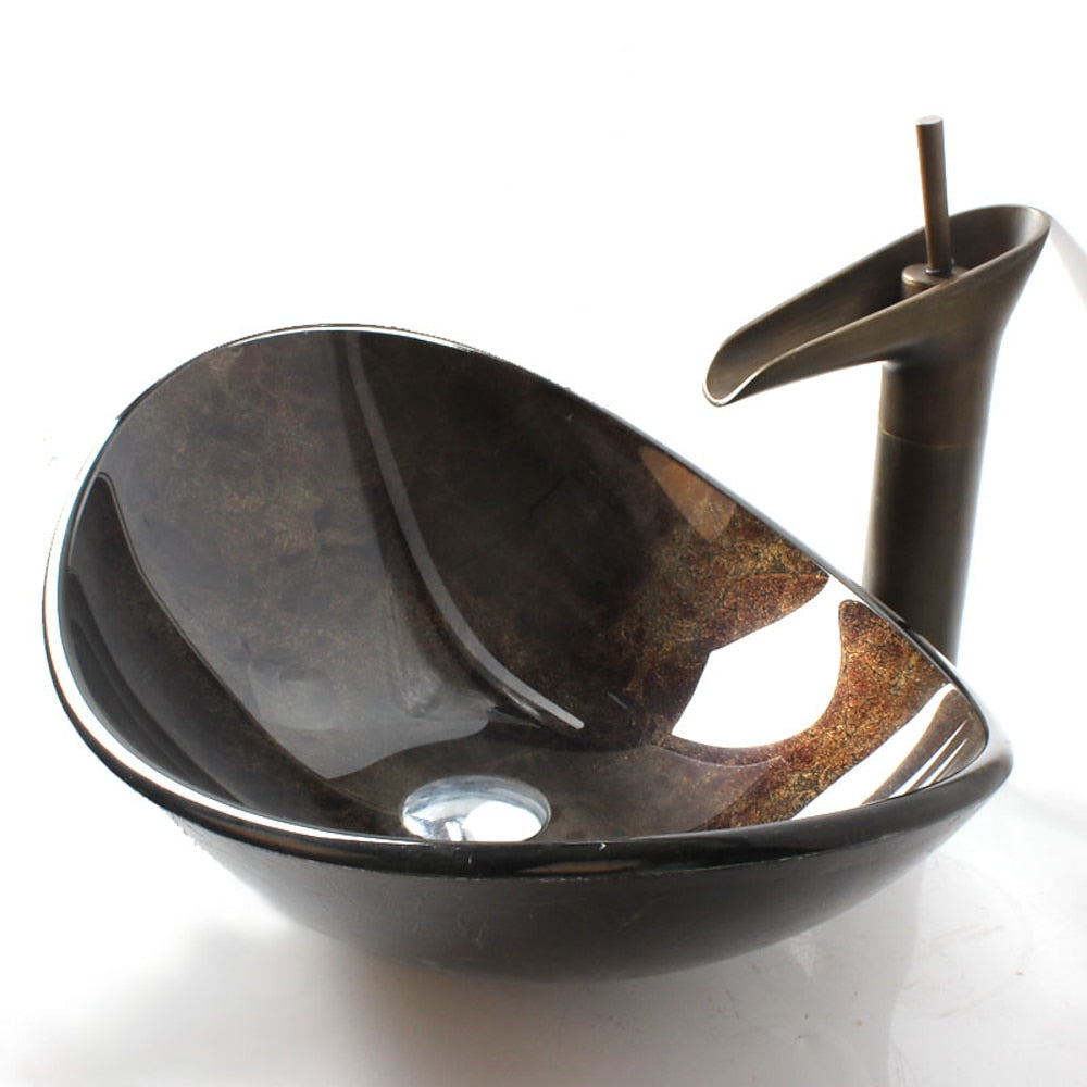 Antique Brass Single-Handle Waterfall Faucet with Oval Tempered Glass Vessel Sink, Bathroom Vanity Combo Set with Pop-Up Drain