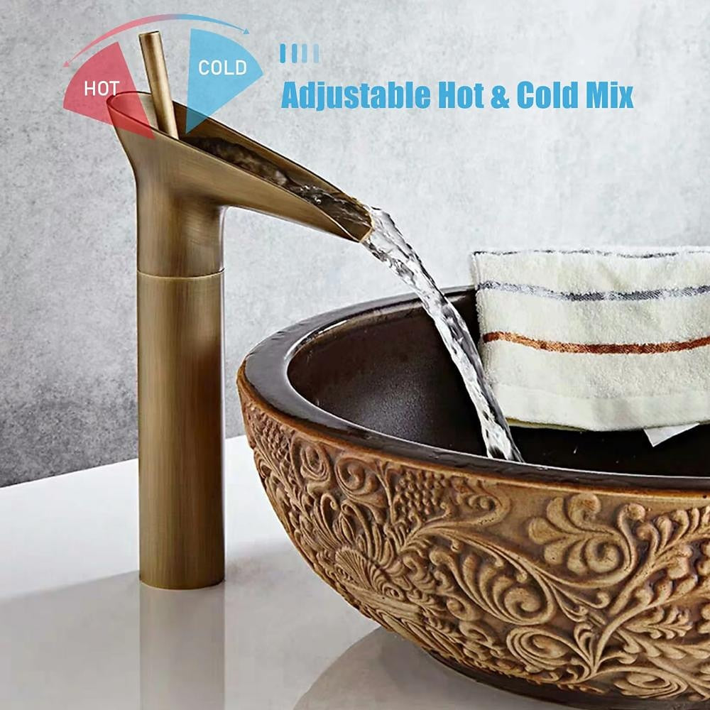 Waterfall Vessel Bathroom Faucet, Single-Handle Brass Faucet, Antique Brass / Matte Black / Chrome