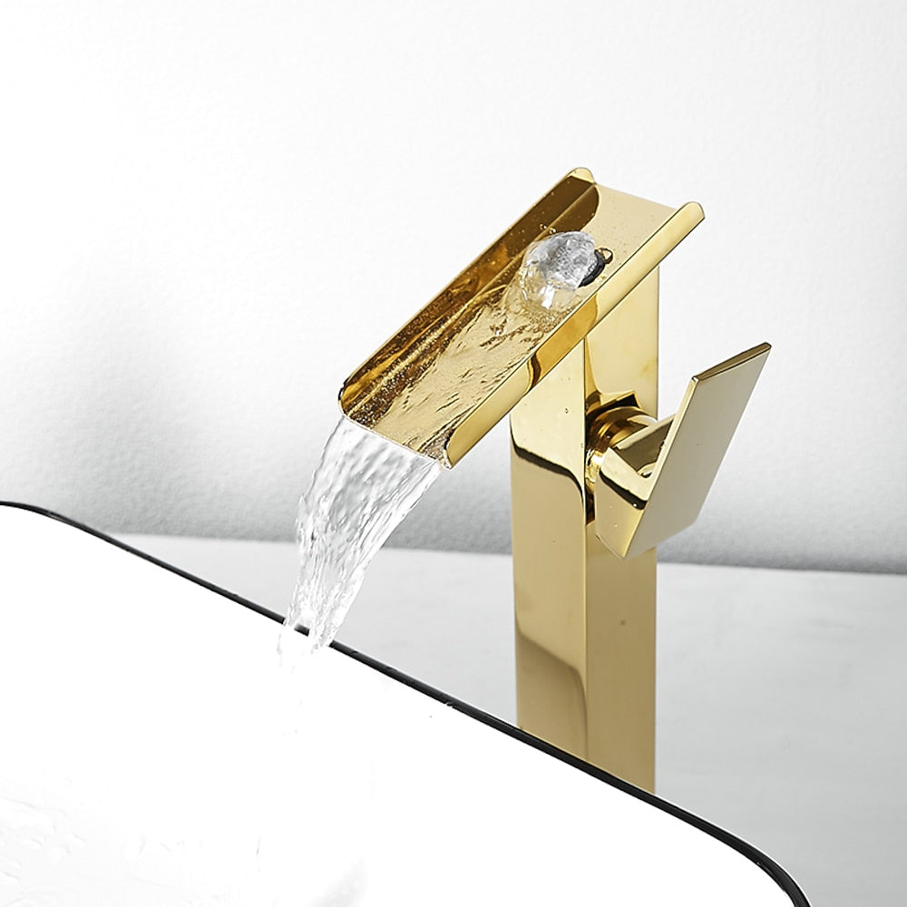 Brushed Gold Waterfall Bathroom Sink Faucet, Modern Single-Hole Single-Handle Faucet
