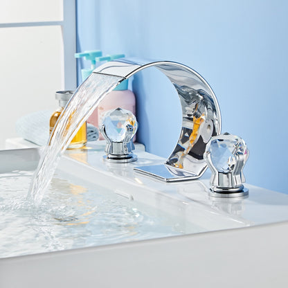 Waterfall Widespread Bathroom Faucet, 3-Hole Dual Crystal Knob Handle Faucet, Chrome / Matte Black / Polished Gold / Brushed Nickel