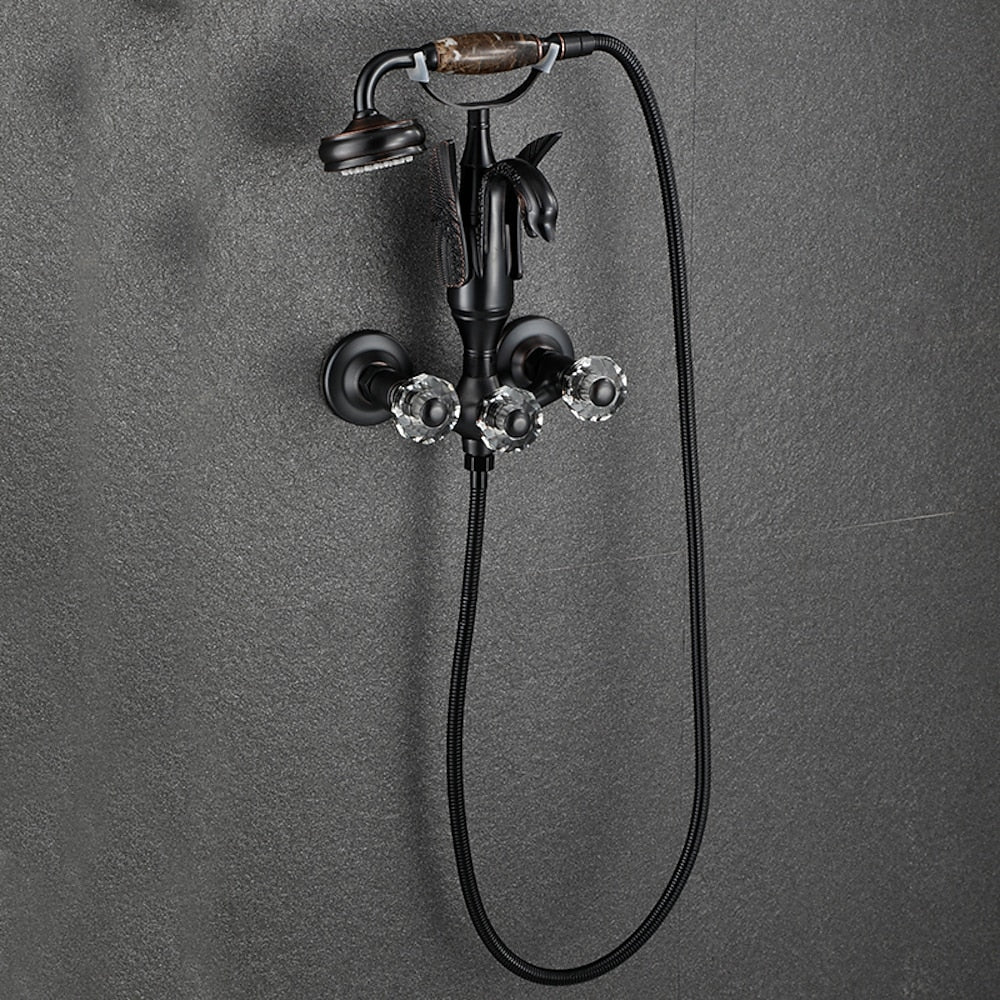Swan Spout Wall-Mount Bathtub Faucet, Dual-Handle Tub Filler with Handheld Shower, Antique Brass / Matte Black / Chrome / Polished Gold