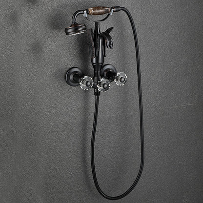 Swan Spout Wall-Mount Bathtub Faucet, Dual-Handle Tub Filler with Handheld Shower, Antique Brass / Matte Black / Chrome / Polished Gold