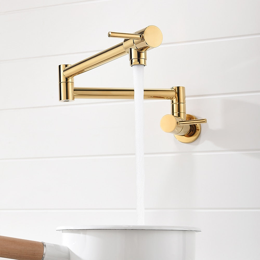 Wall-Mount Folding Pot Filler Faucet, Dual-Handle Kitchen Faucet, Chrome / Matte Black / Polished Gold / Brushed Gold