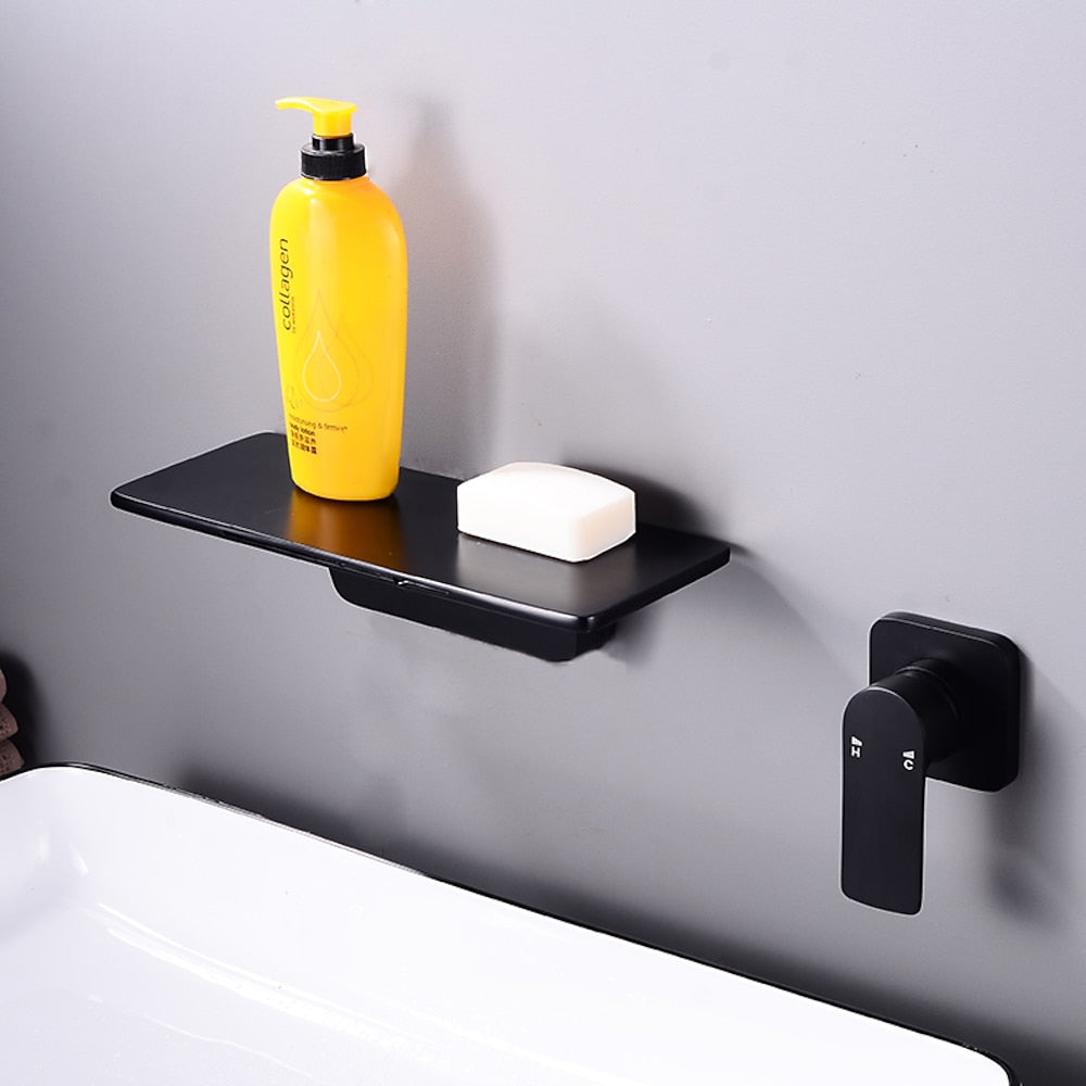 Waterfall Wall-Mount Bathroom Faucet, Single-Handle Brass Sink Faucet, Matte Black / Matte White