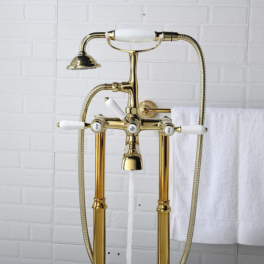 Polished Gold Retro Vintage Tub Filler Faucet, Floor-Mount Three-Handle Faucet with Handheld Shower