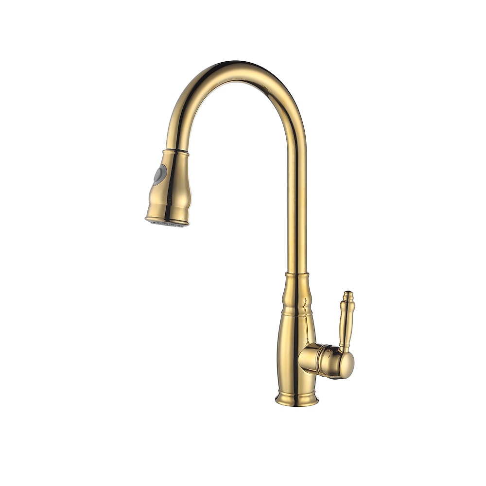 Polished Gold Single-Hole Pull-Down Kitchen Faucet, High Arc Swivel Brass Faucet