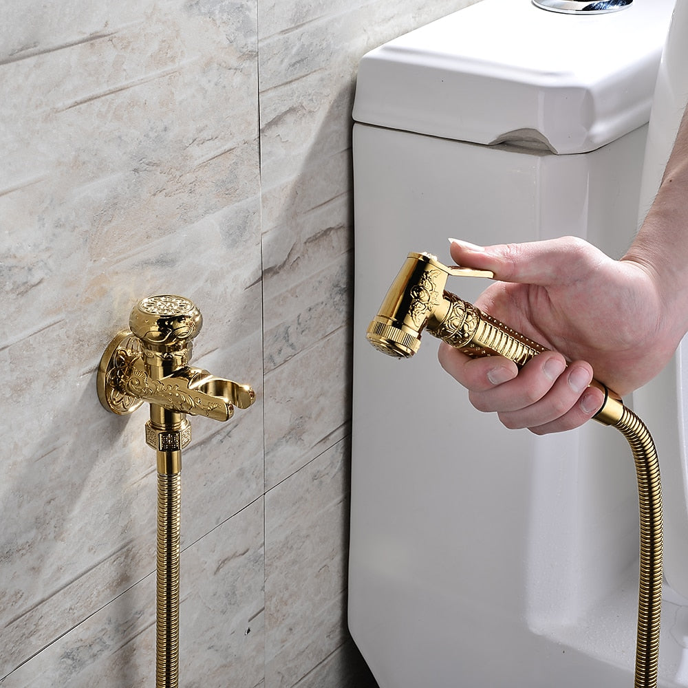 Polished Gold Antique Handheld Bidet Sprayer, Vintage Brass Toilet Shattaf Set with Hose / Wall Bracket