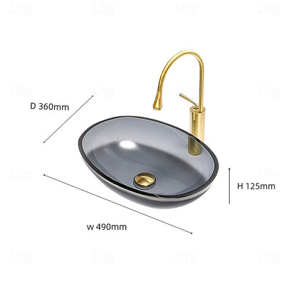 Modern Oval Tempered Glass Bathroom Vessel Sink, Faucet Combo, Above-Counter Basin with Brushed Gold Water Drop Faucet, Gray / Blue