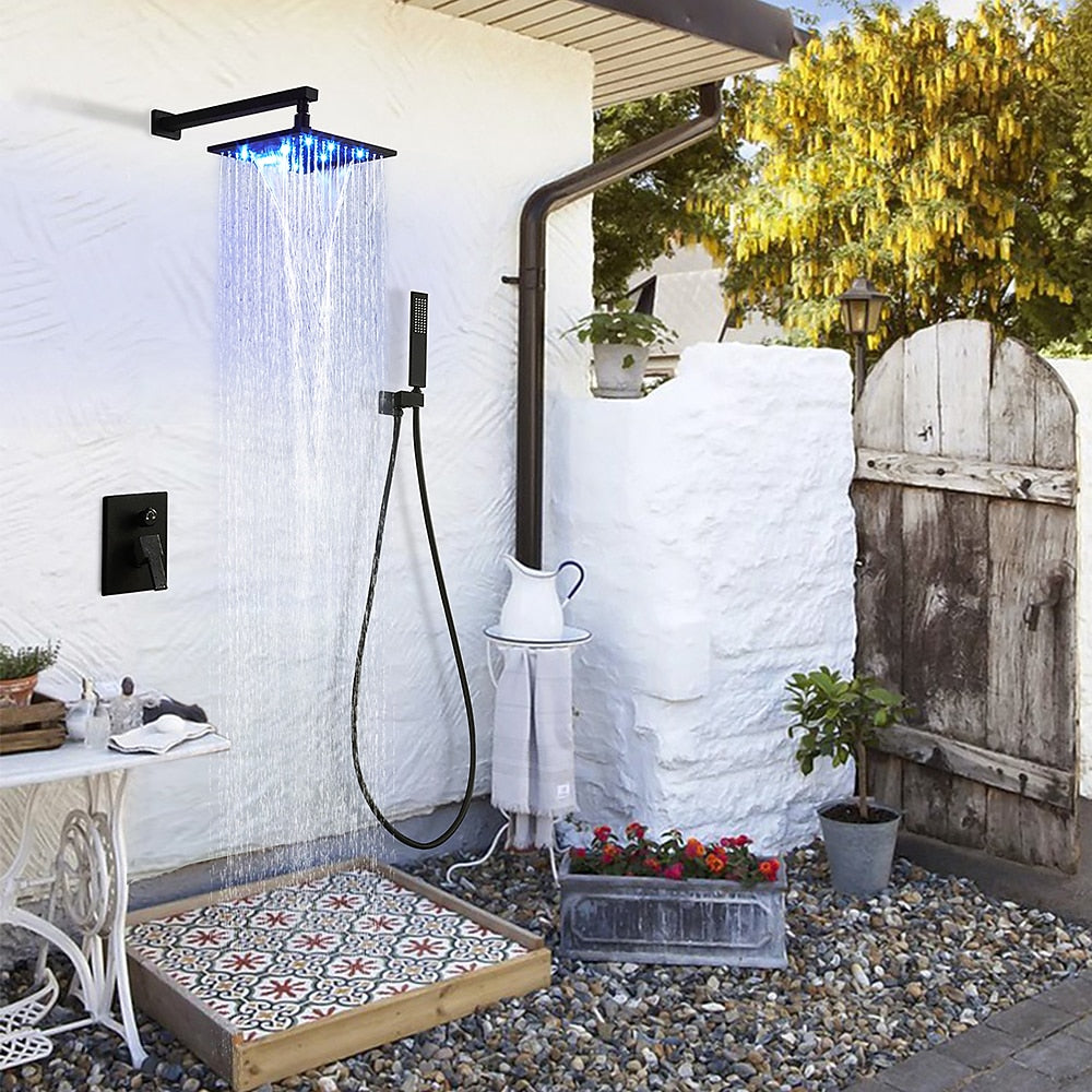 LED Rainfall Shower Faucet System, Wall-Mount Single-Handle Shower Faucet with Handheld Shower, Matte Black / Chrome