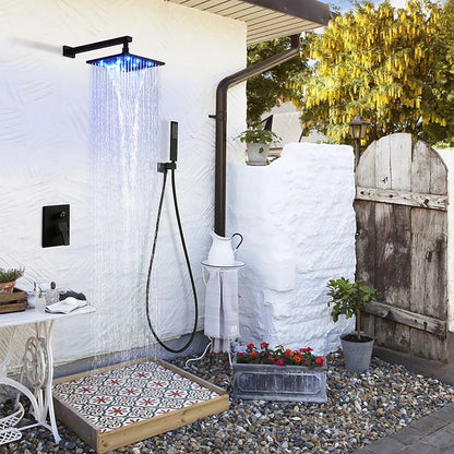 LED Rainfall Shower Faucet System, Wall-Mount Single-Handle Shower Faucet with Handheld Shower, Matte Black / Chrome